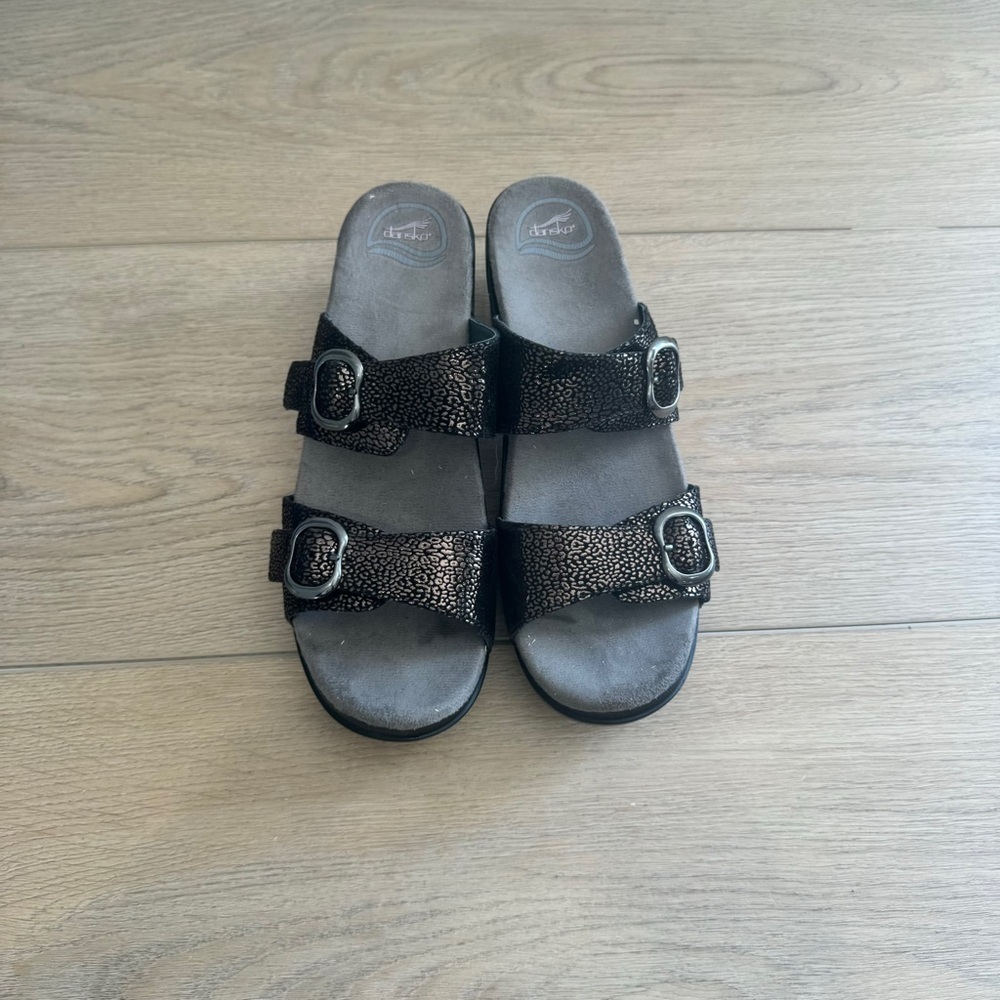 Dansko Sophie Black Metallic Double Strap Sandals